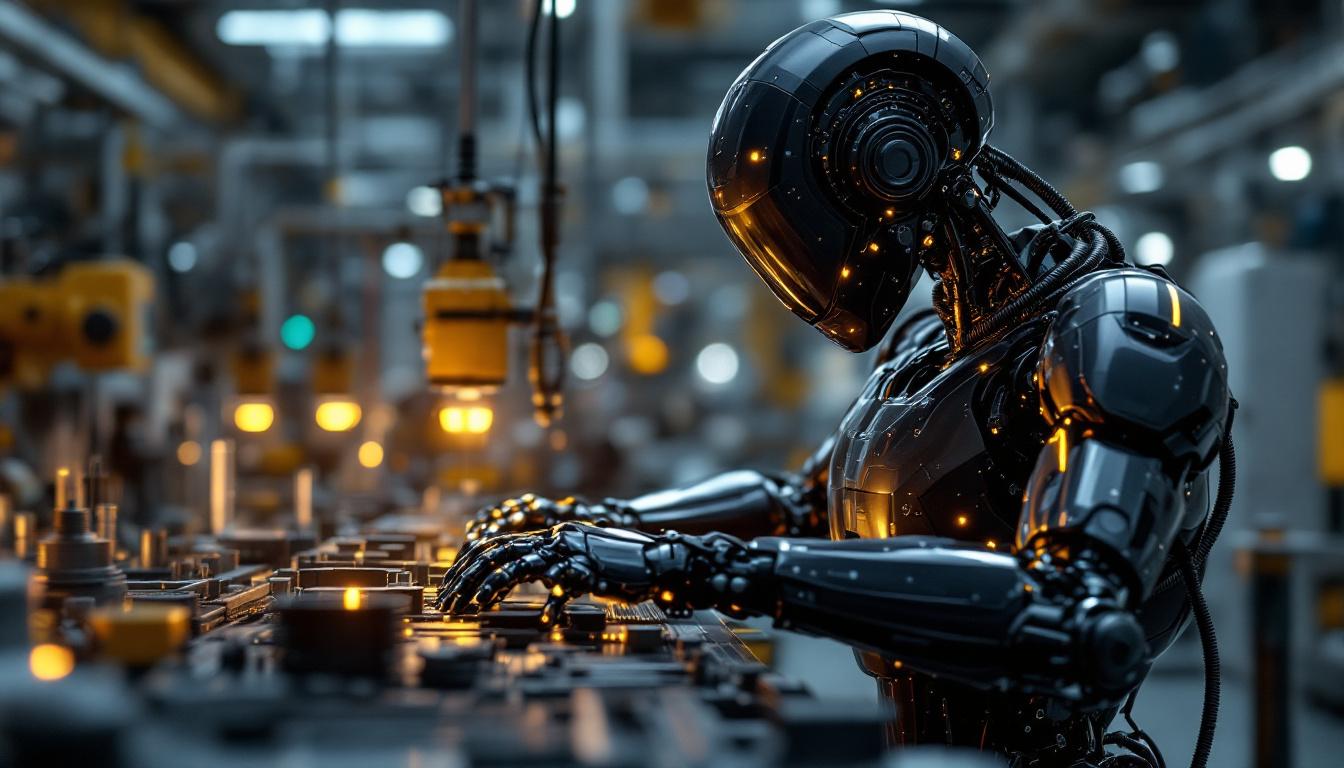 A photograph of a sleek industrial robot in action within a modern manufacturing facility