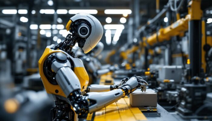 A photograph of a sleek industrial robot in action within a modern manufacturing environment