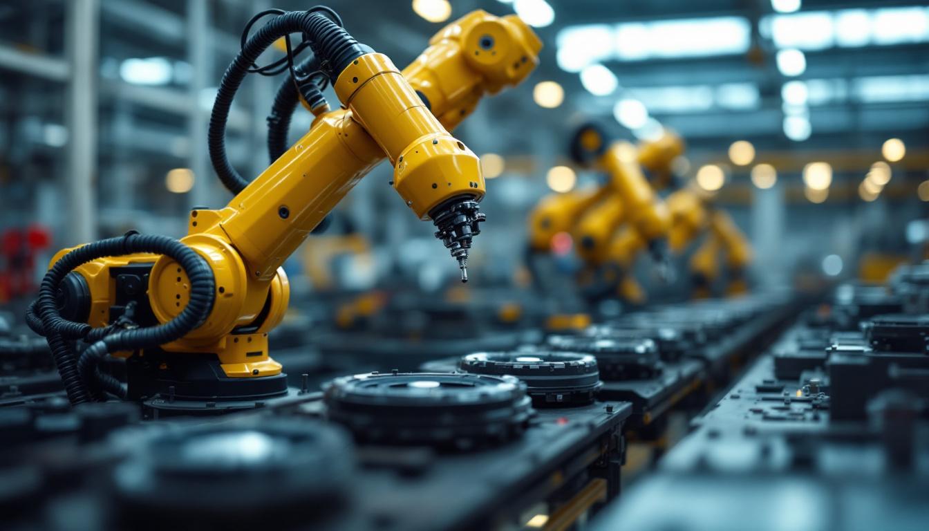 A photograph of a sleek industrial robotic arm in action at a 4m auto sales facility