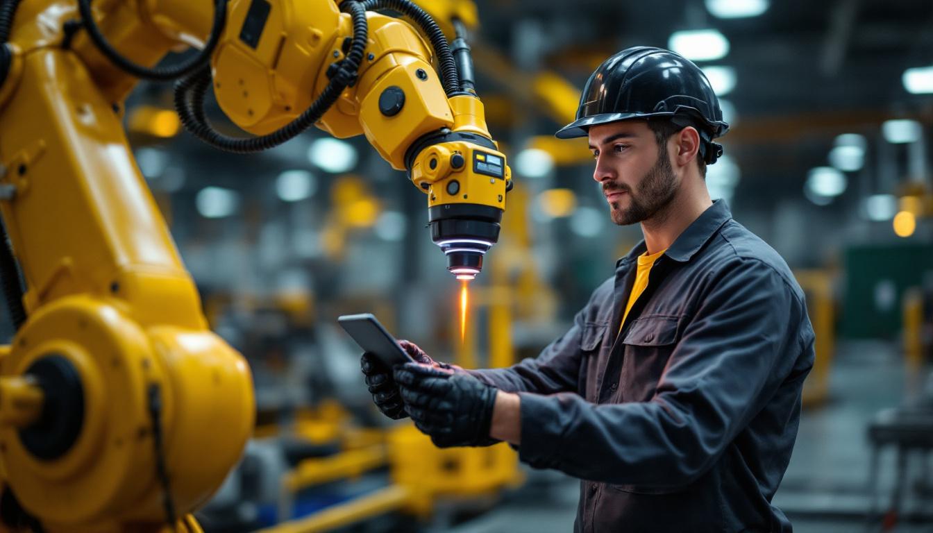 A photograph of a skilled technician operating an industrial robotic arm equipped with a laser scanner