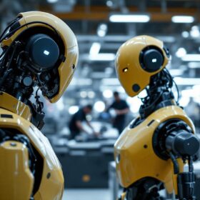 A photograph of a sleek industrial robot in action within the leica san francisco facility