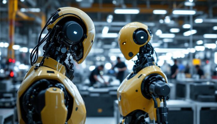 A photograph of a sleek industrial robot in action within the leica san francisco facility