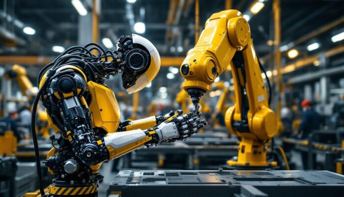 A photograph of a dynamic industrial robot in action