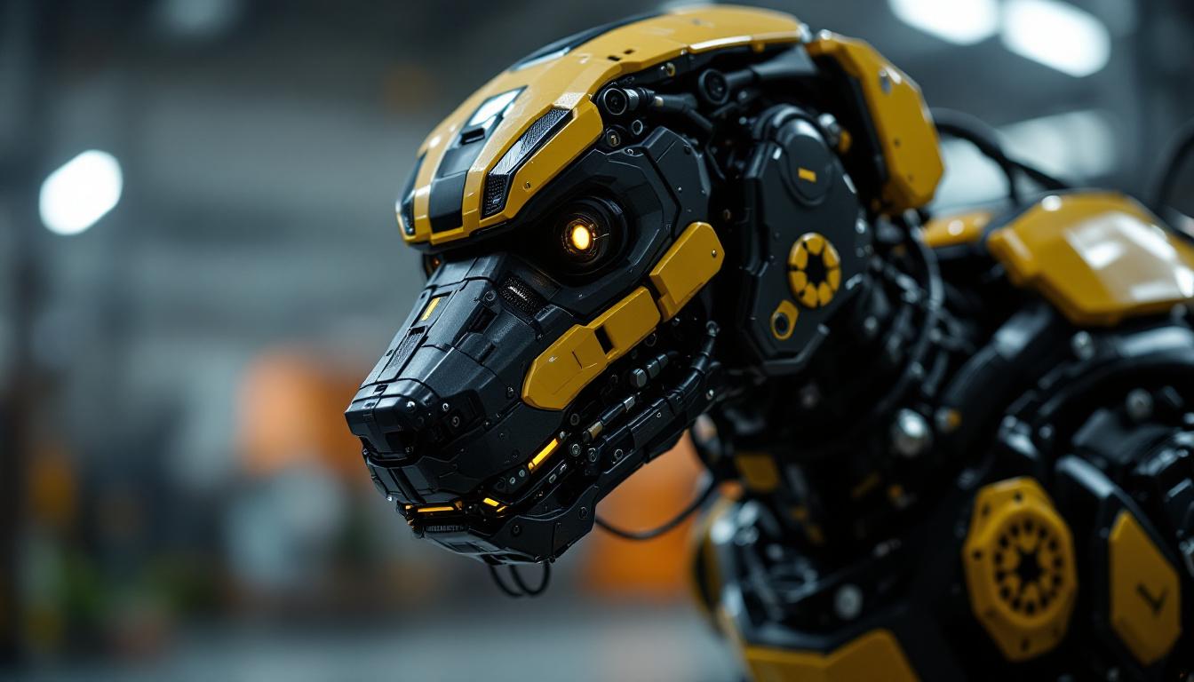 A photograph of a robust industrial robotic guardian dog in action