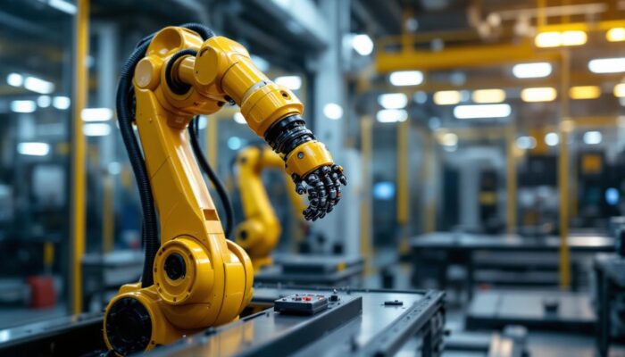 A photograph of a sleek industrial robotic arm in action within a modern manufacturing environment