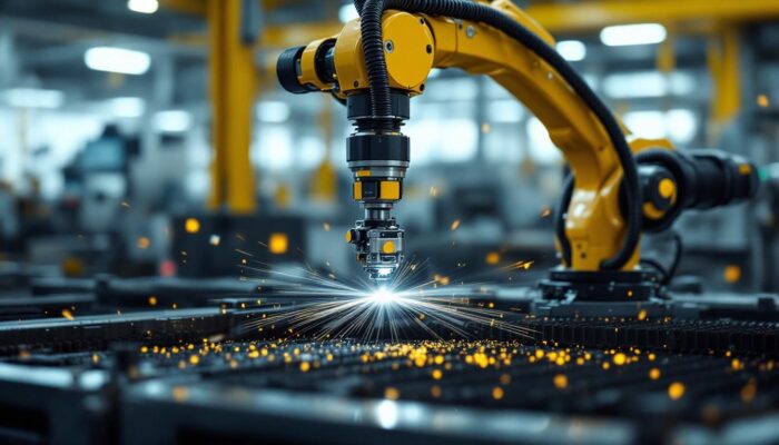 A photograph of a high-tech industrial robotic arm in action