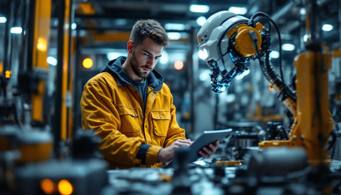A photograph of a young mechanical engineer in a modern industrial setting
