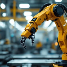 A photograph of a sleek industrial robotic arm in action