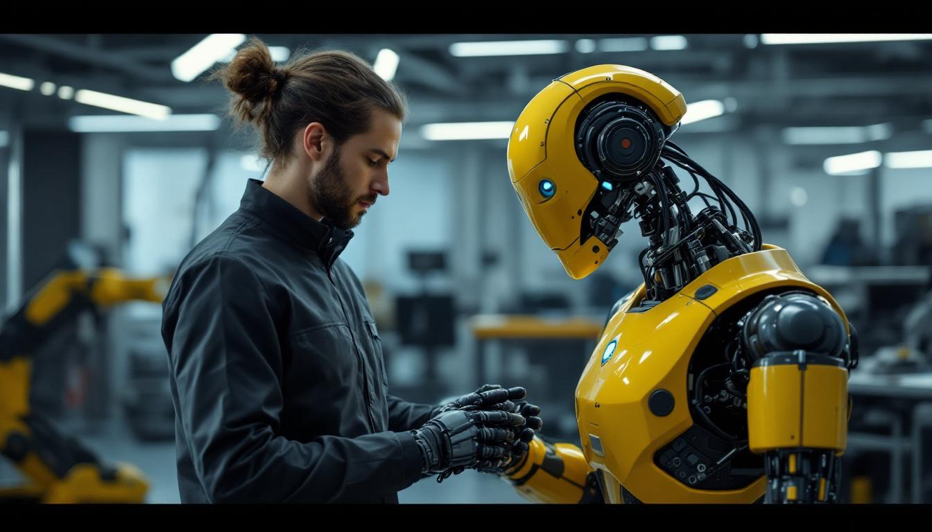 A photograph of a biomedical engineer working alongside an industrial robot in a modern lab setting