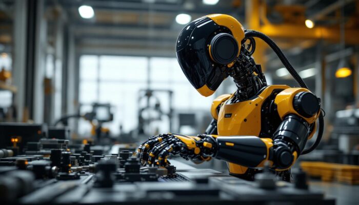 A photograph of a sleek industrial robot in action within a modern manufacturing environment