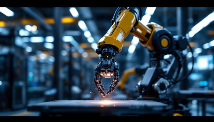 A photograph of a sleek industrial robotic arm in action