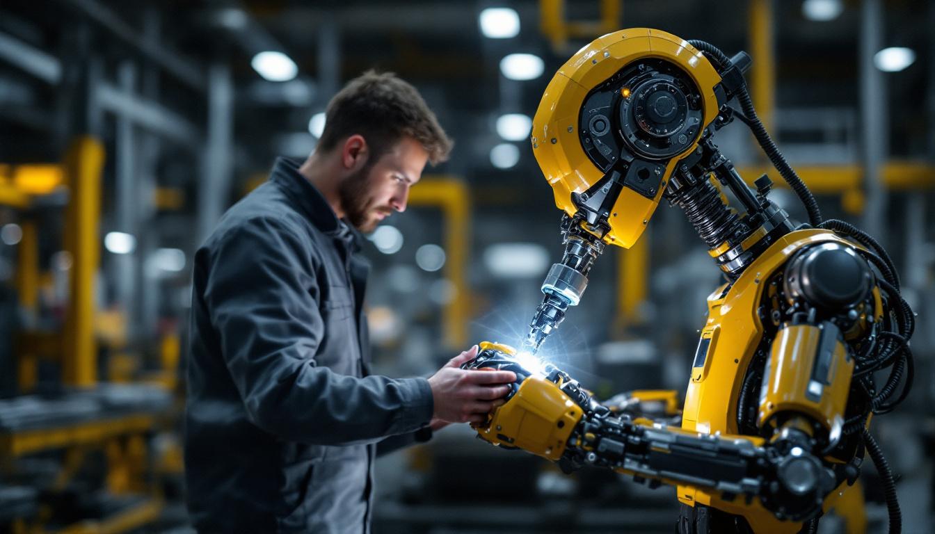 A photograph of a skilled technician interacting with an industrial robot in a modern manufacturing environment