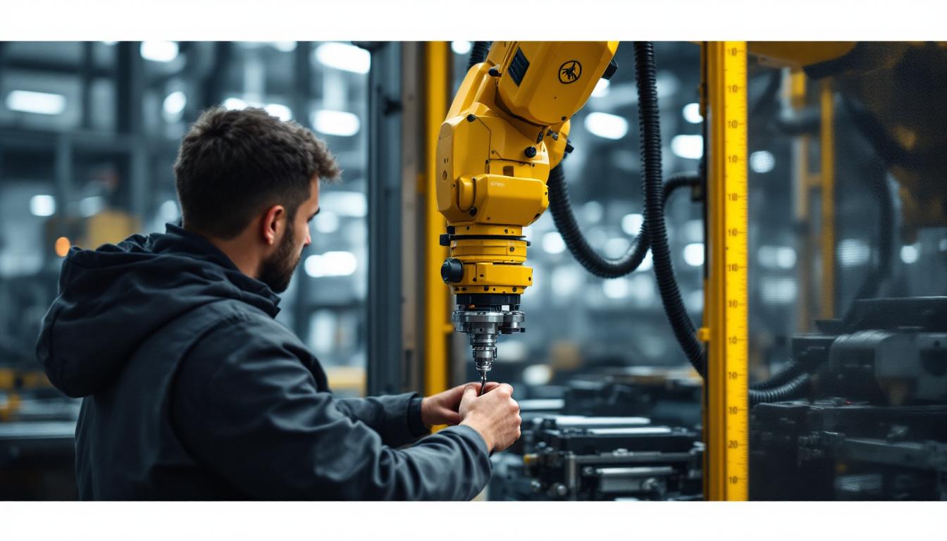 A photograph of a skilled technician programming or operating an industrial robotic arm in a factory setting