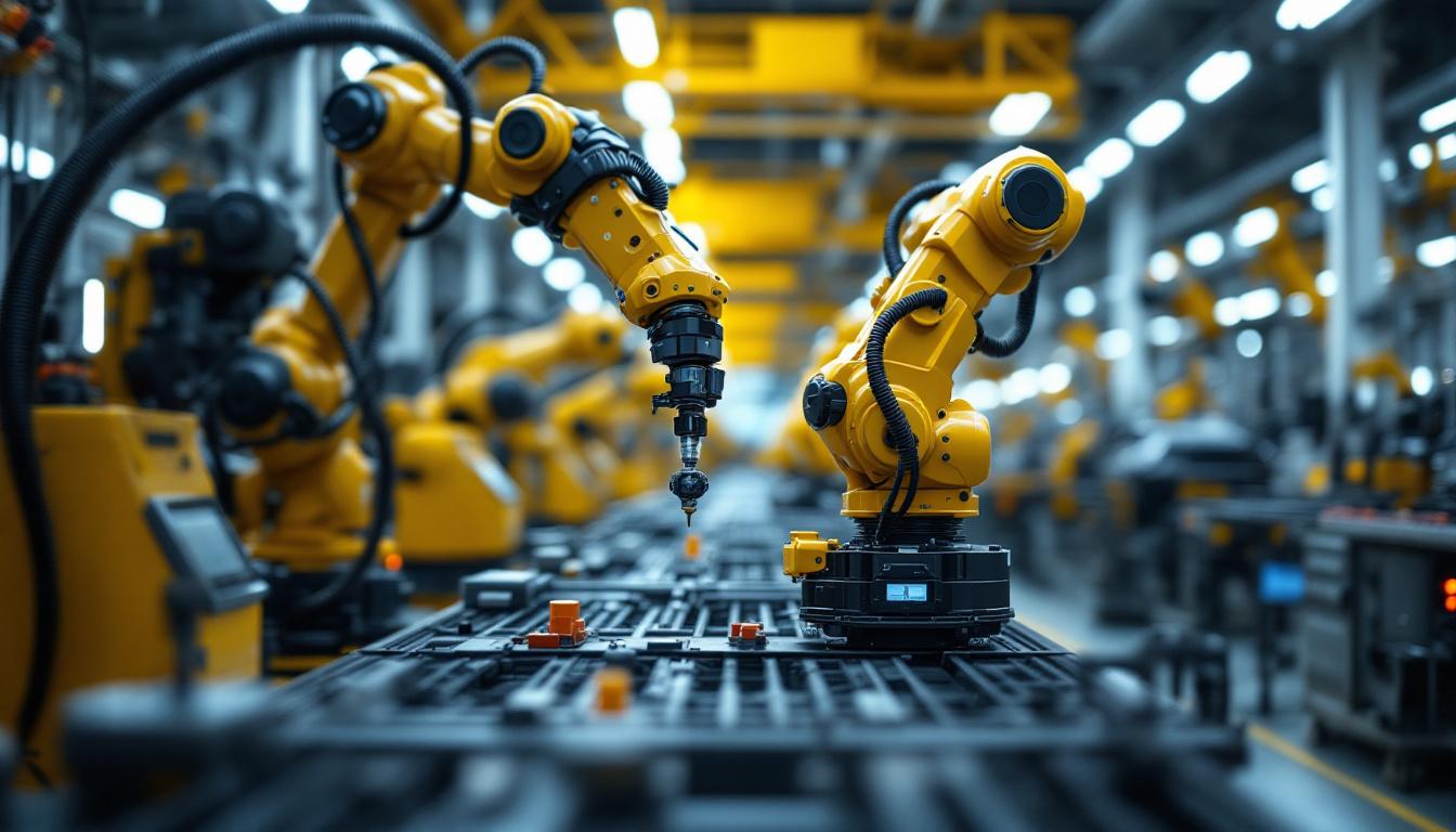 A photograph of a modern industrial robotics assembly line within a hyundai or kia manufacturing facility