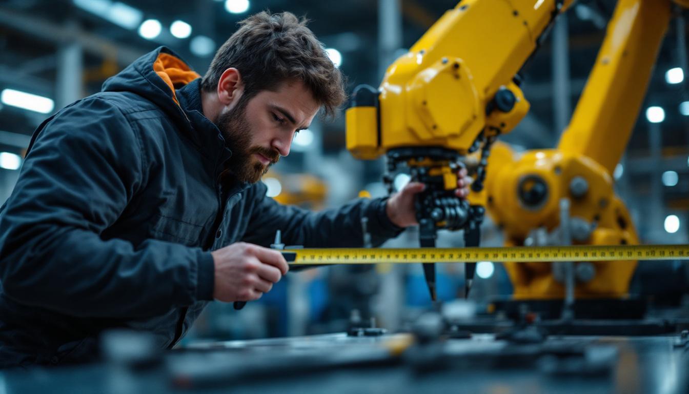 A photograph of a skilled technician measuring the dimensions of a robotic arm in an industrial setting