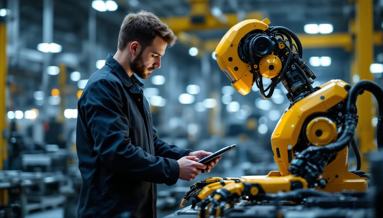 A photograph of a skilled technician interacting with an industrial robot in a modern manufacturing facility