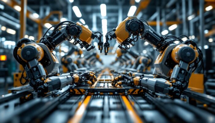 A photograph of a dynamic industrial setting featuring a team of robots working collaboratively on an assembly line