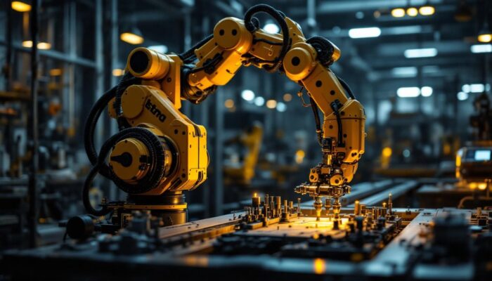 A photograph of a sleek industrial robotic arm in action