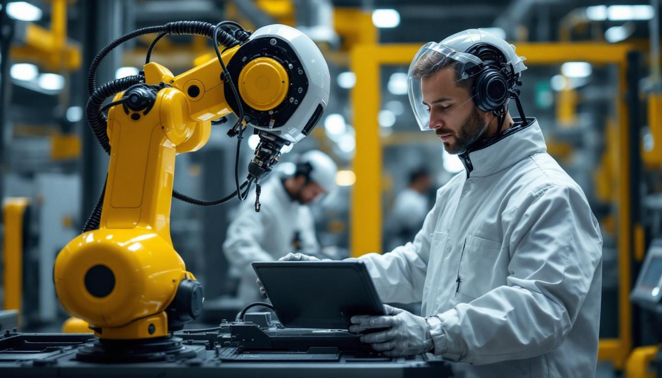 A photograph of a modern industrial robot in action