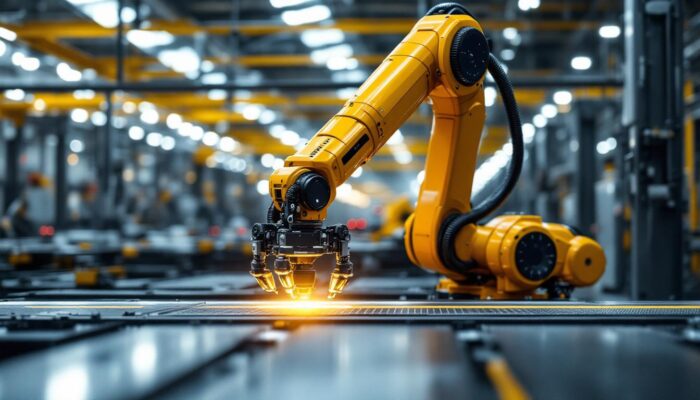 A photograph of a sleek industrial robotic arm in action within a modern manufacturing facility
