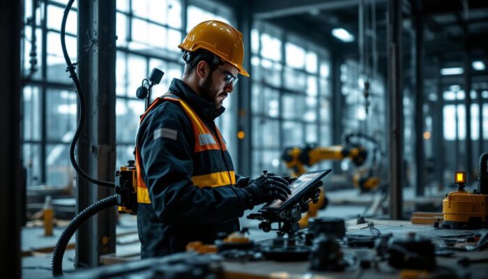 A photograph of a skilled technician programming or operating an industrial robot within a construction site