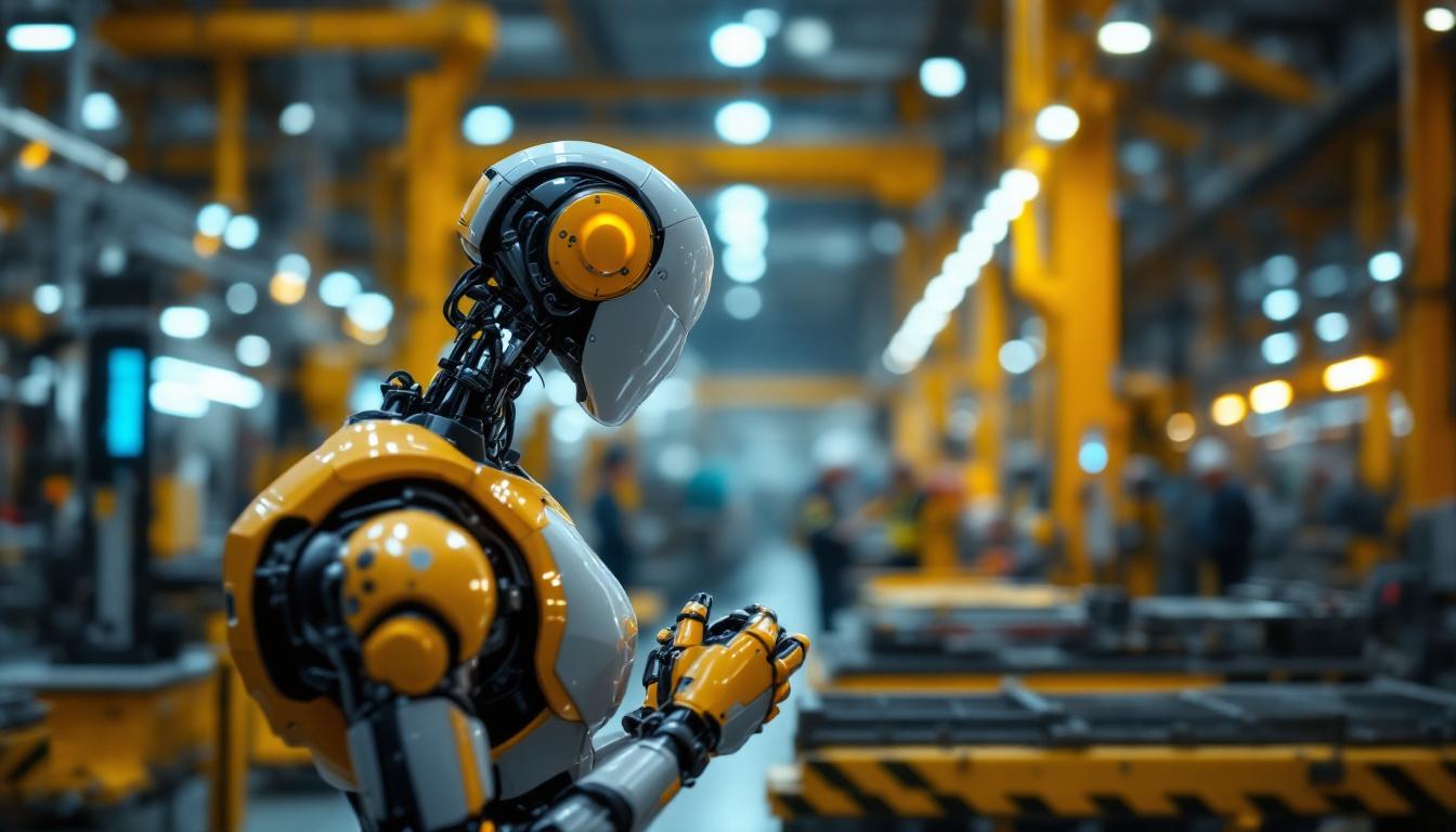 A photograph of a sleek industrial robot in action within a manufacturing setting
