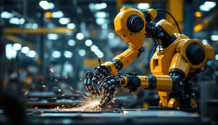 A photograph of a dynamic industrial robot in action within a manufacturing setting