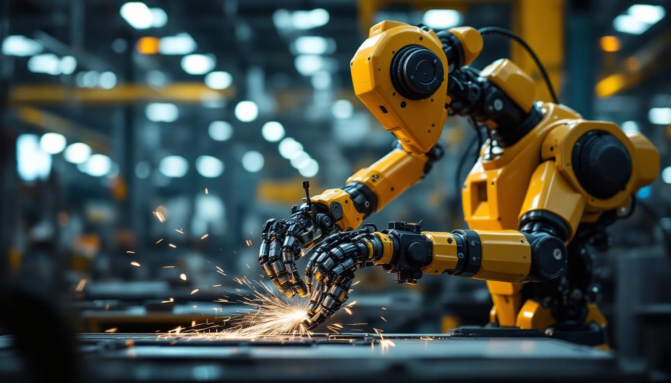 A photograph of a dynamic industrial robot in action within a manufacturing setting