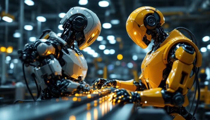 A photograph of a sleek industrial robot in action within a manufacturing setting