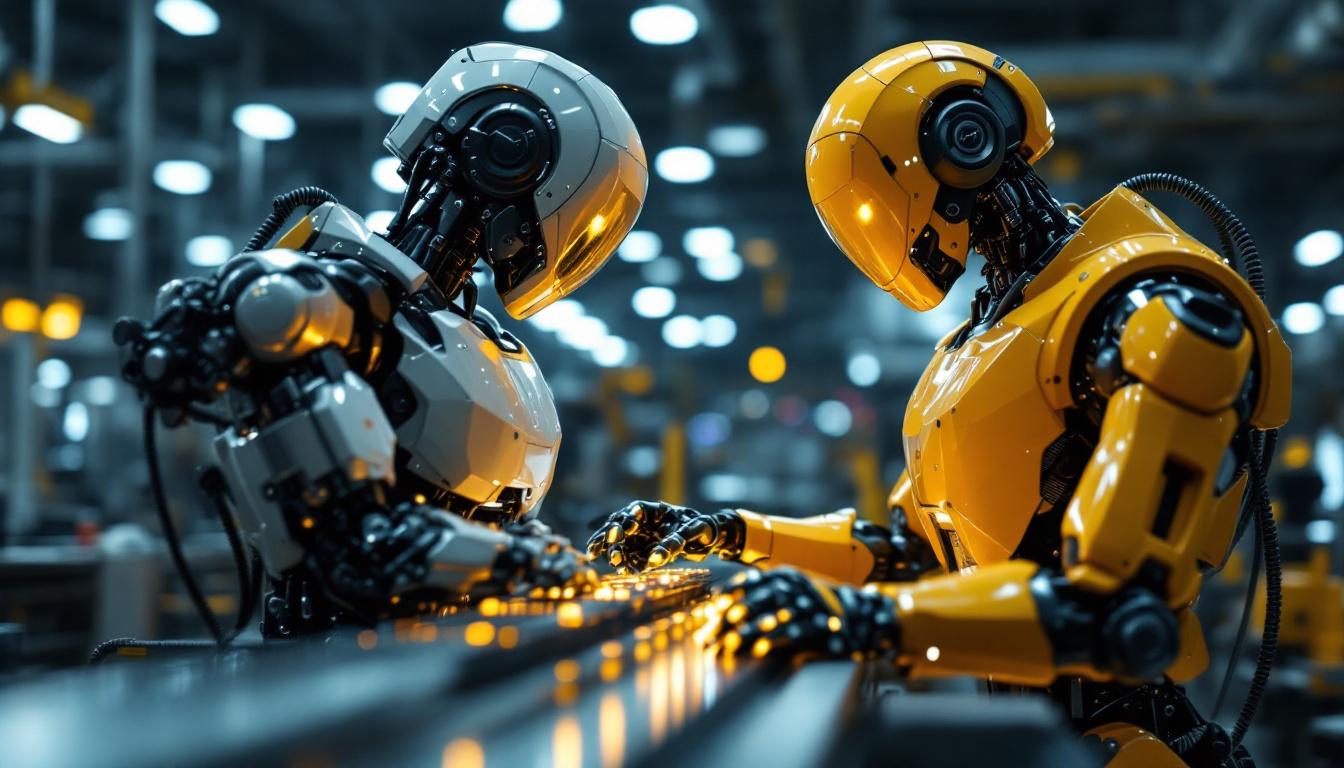 A photograph of a sleek industrial robot in action within a manufacturing setting