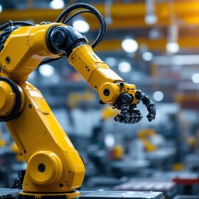 A photograph of a modern industrial robotic arm in action