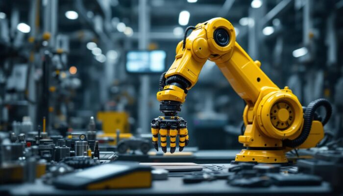 A photograph of a compact industrial robotic arm in action within a modern manufacturing setting