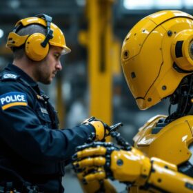 A photograph of a modern industrial robot in action