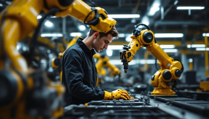 A photograph of a dynamic industrial robotics workspace