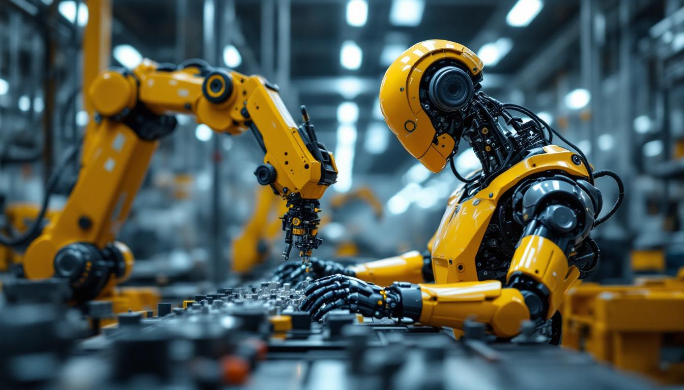 A photograph of a highly detailed industrial robot in action within a manufacturing environment
