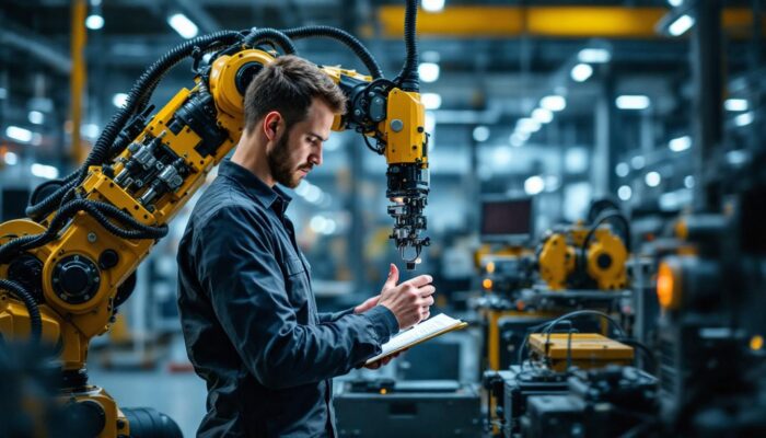 A photograph of a skilled mechanical engineer working with an industrial robot in a modern manufacturing setting