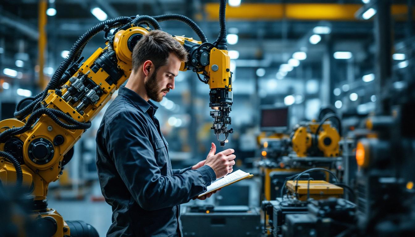 A photograph of a skilled mechanical engineer working with an industrial robot in a modern manufacturing setting