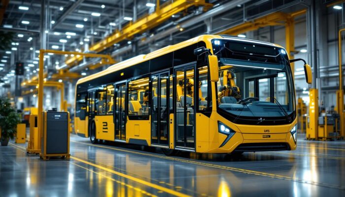A photograph of a dynamic industrial setting featuring a shuttle bus equipped with robotic technology