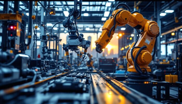 A photograph of a dynamic industrial robotics scene in boston