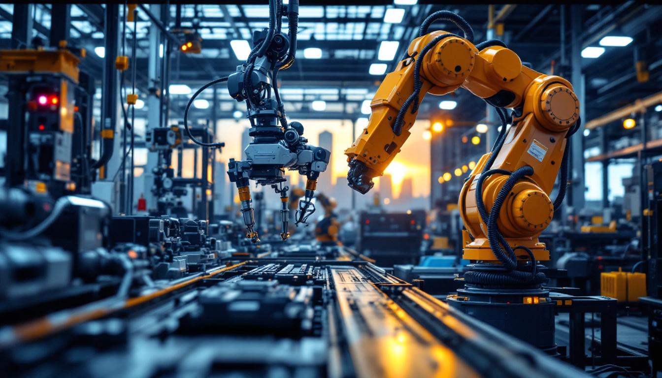 A photograph of a dynamic industrial robotics scene in boston