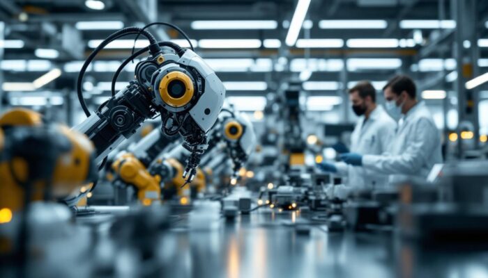 A photograph of a modern biotech laboratory featuring industrial robots in action