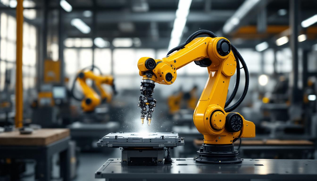 A photograph of a sleek industrial robotic arm in action
