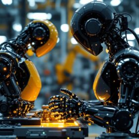 A photograph of a sleek industrial robot in action within a modern manufacturing environment