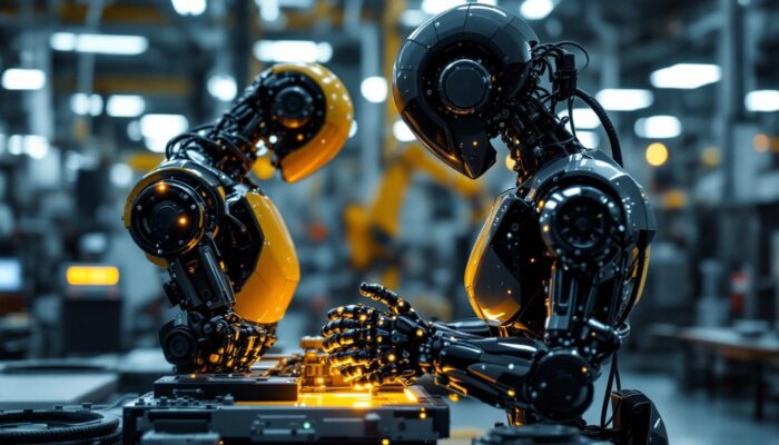 A photograph of a sleek industrial robot in action within a modern manufacturing environment