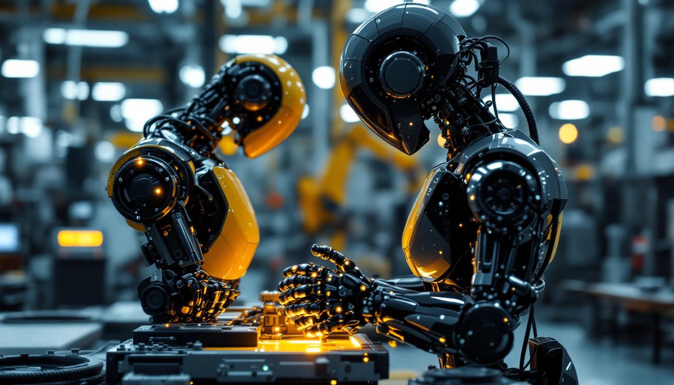A photograph of a sleek industrial robot in action within a modern manufacturing environment