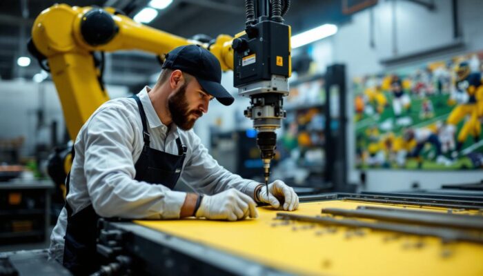 A photograph of a skilled technician operating an industrial robot in a manufacturing setting