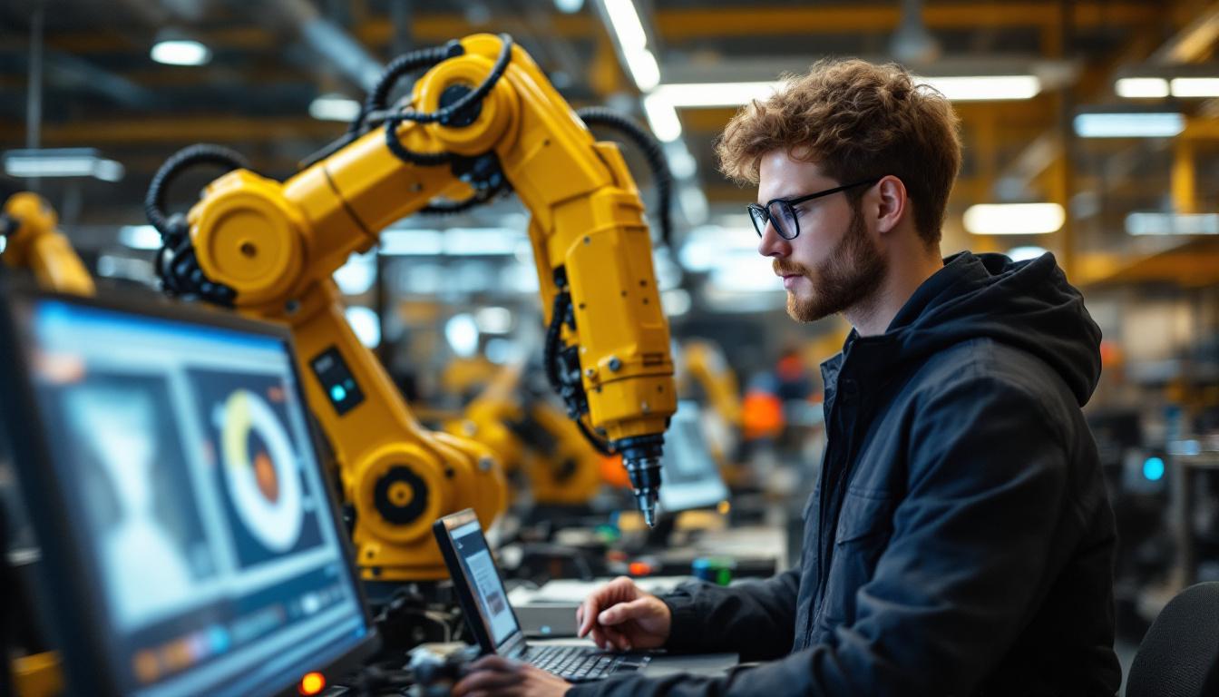 A photograph of capture a photograph of a virginia tech student interacting with an industrial robotic arm in a modern lab setting