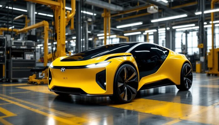 A photograph of capture a photograph of the hyundai n vision 74 in an industrial setting