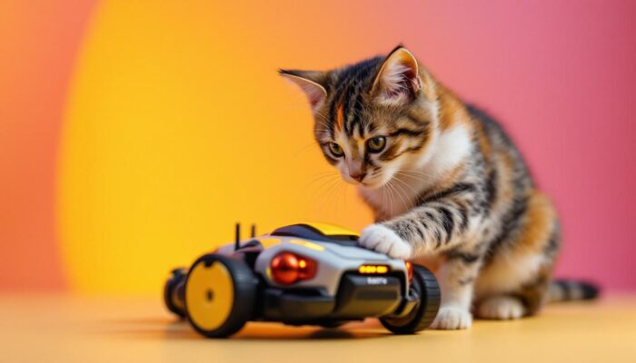 A photograph of a playful cat interacting with a sleek