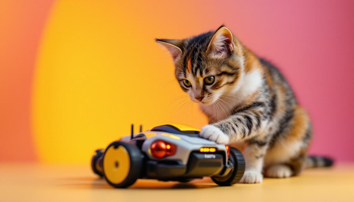 A photograph of a playful cat interacting with a sleek